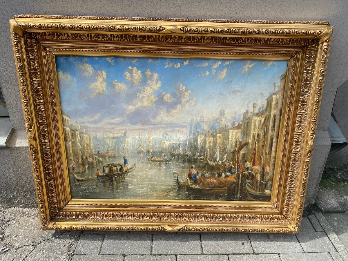 Antique Tableau "Venice",  huile sur toile