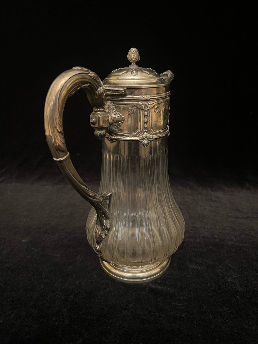 A Ewer In Solid Silver And Engraved Glass. -photo-3
