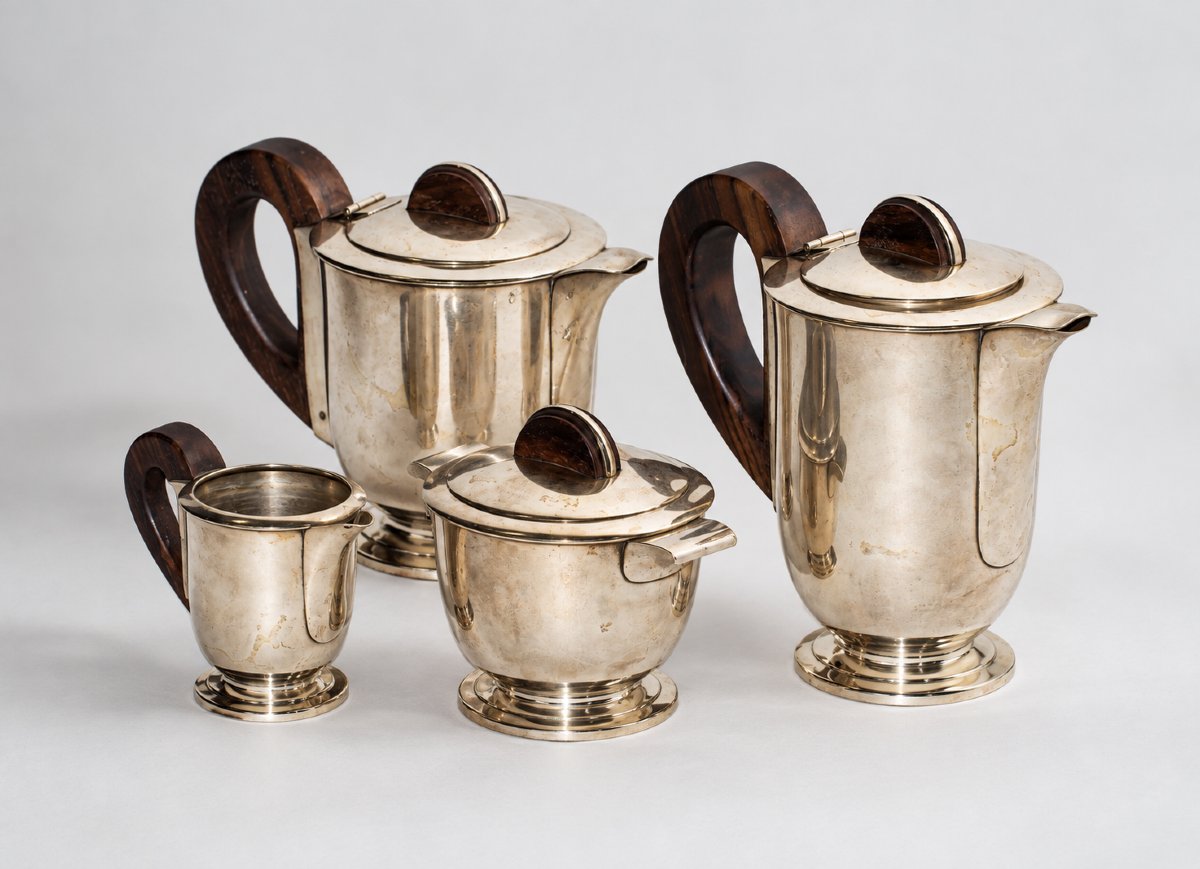 Service À Thé Et À Café Français Art Déco En Argent Et Bois, Composé De 4 Pièces-photo-2