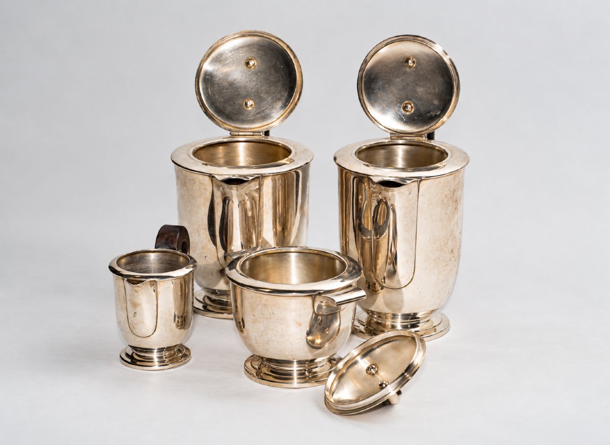 Service À Thé Et À Café Français Art Déco En Argent Et Bois, Composé De 4 Pièces-photo-3
