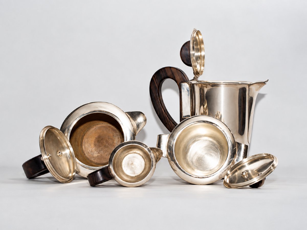 Service À Thé Et À Café Français Art Déco En Argent Et Bois, Composé De 4 Pièces-photo-4