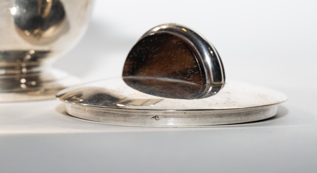 Service À Thé Et À Café Français Art Déco En Argent Et Bois, Composé De 4 Pièces-photo-1