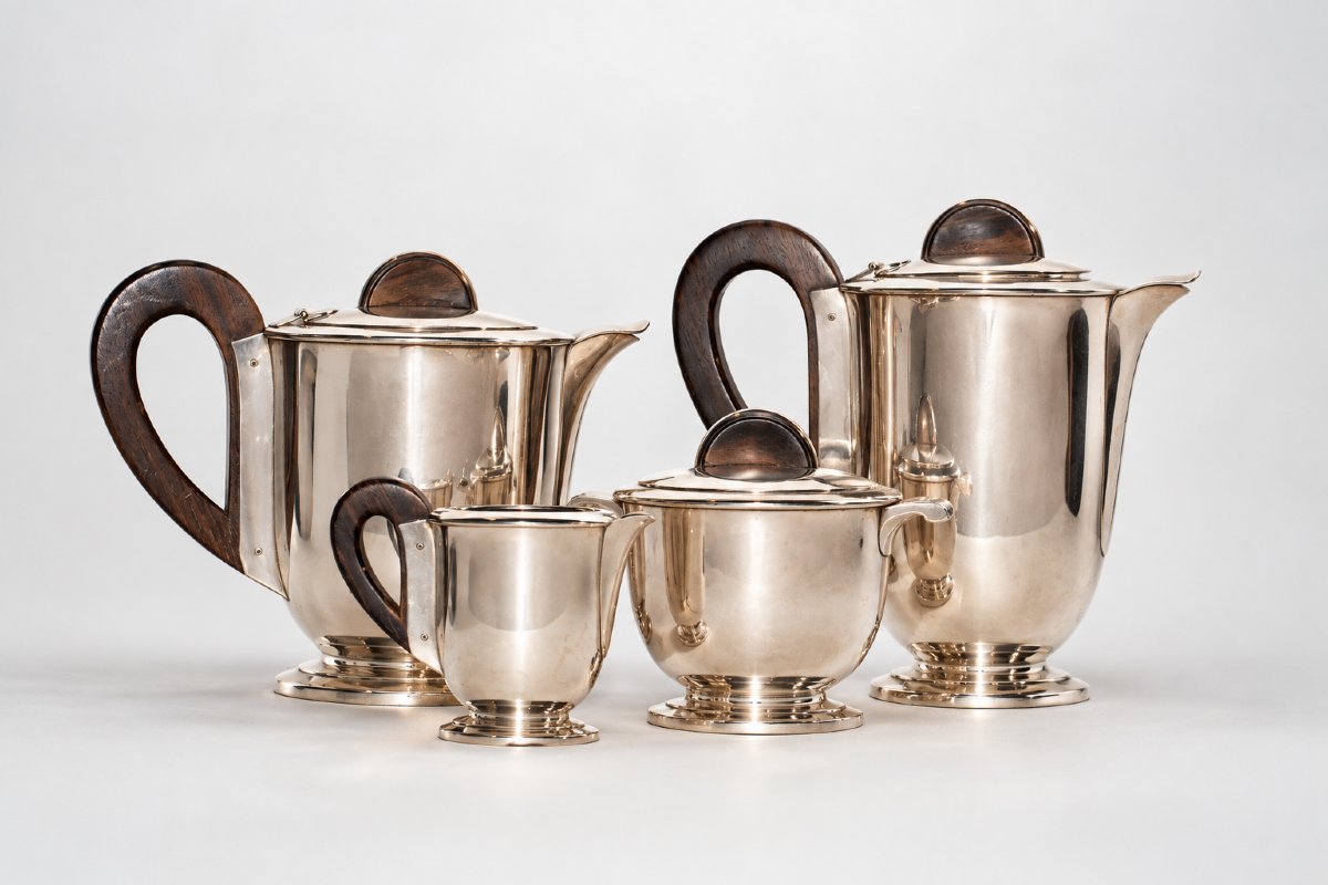 Service À Thé Et À Café Français Art Déco En Argent Et Bois, Composé De 4 Pièces