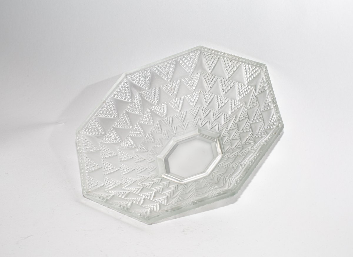 Art Deco Frosted Glass Octagonal Bowl By Verlys France, Circa 1930-photo-4