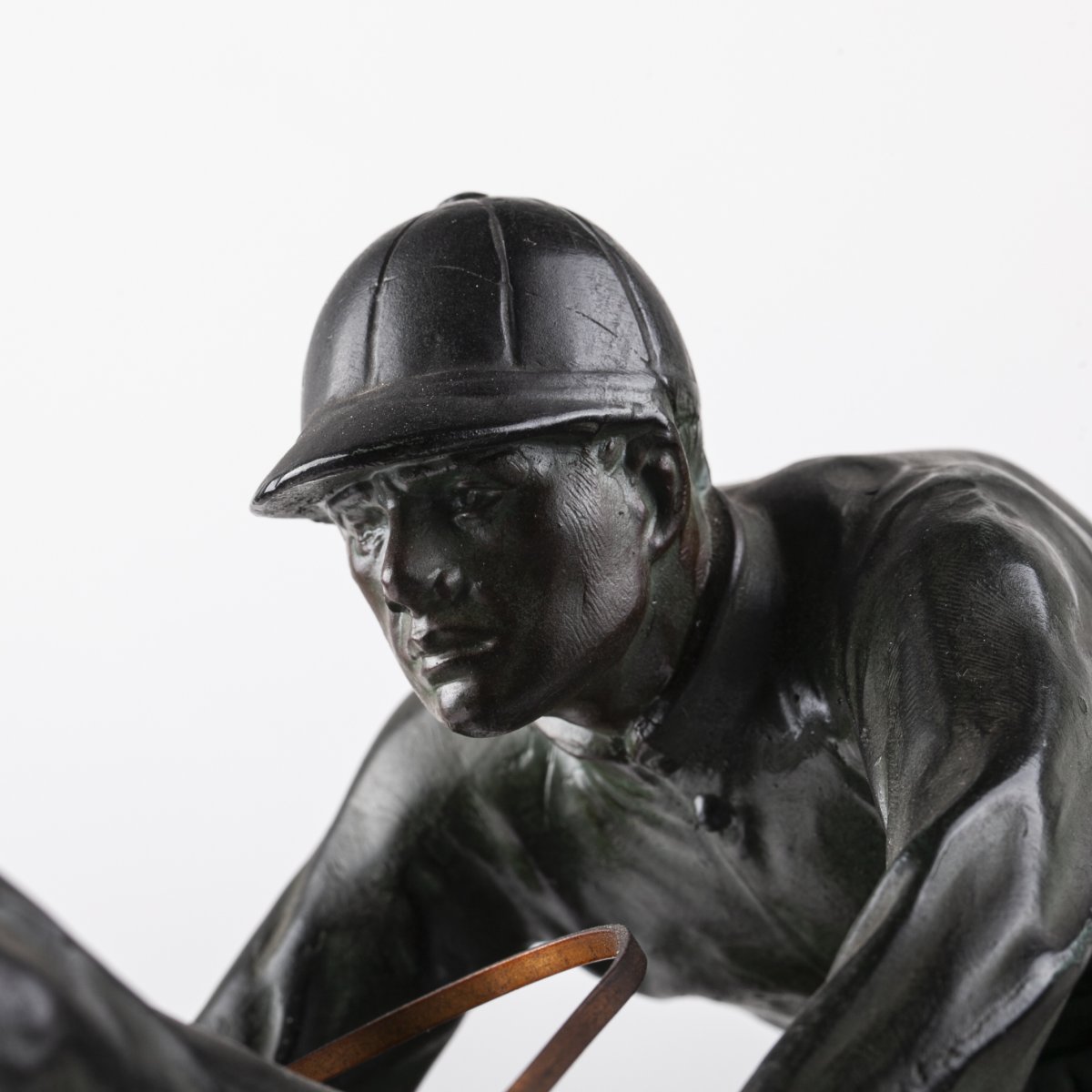 Spelter "horse Racer" Statue On Black Marble Stand-photo-4