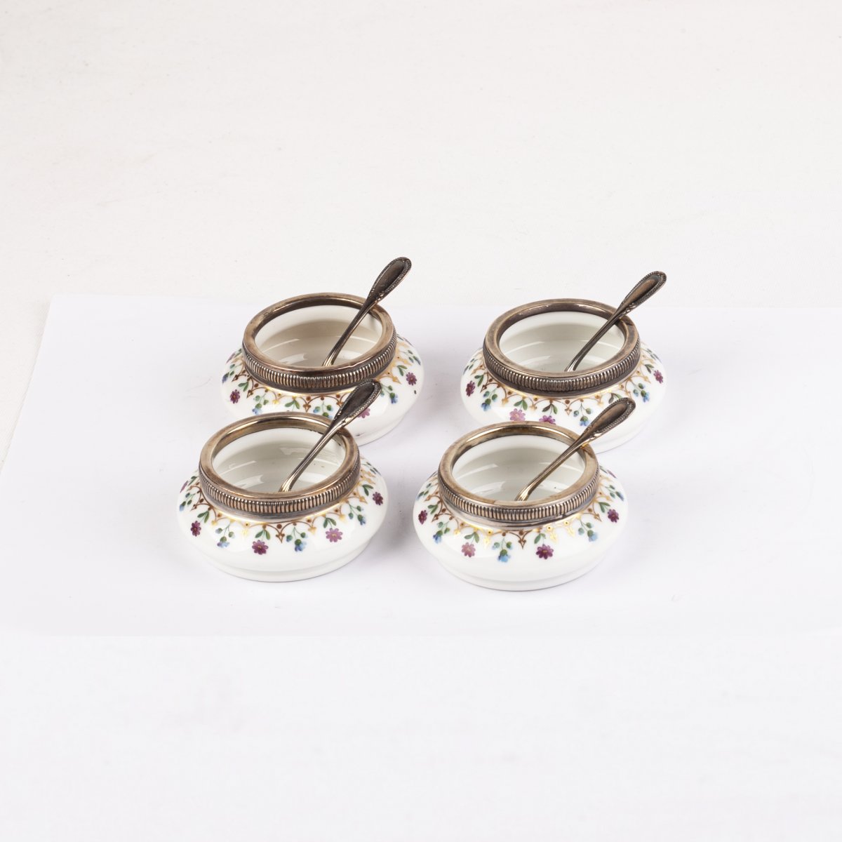 Silver And Porcelain Salt Cellars 4 Pieces