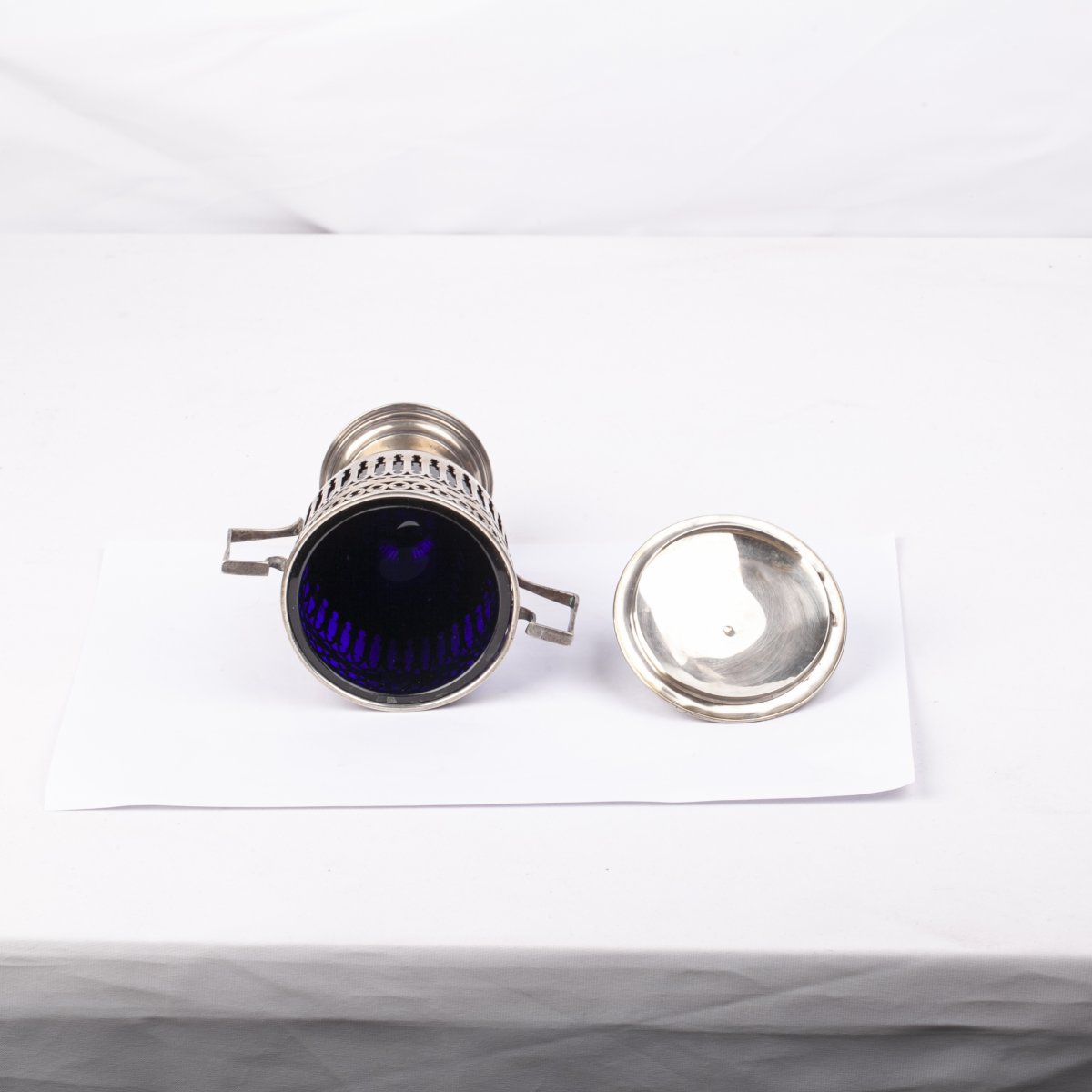  Vase En Argent Avec Verre Bleu Et Couvercle France-photo-3