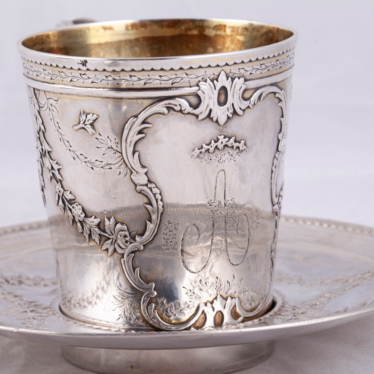 French Silver Cup On A Saucer, 18th Century-photo-3