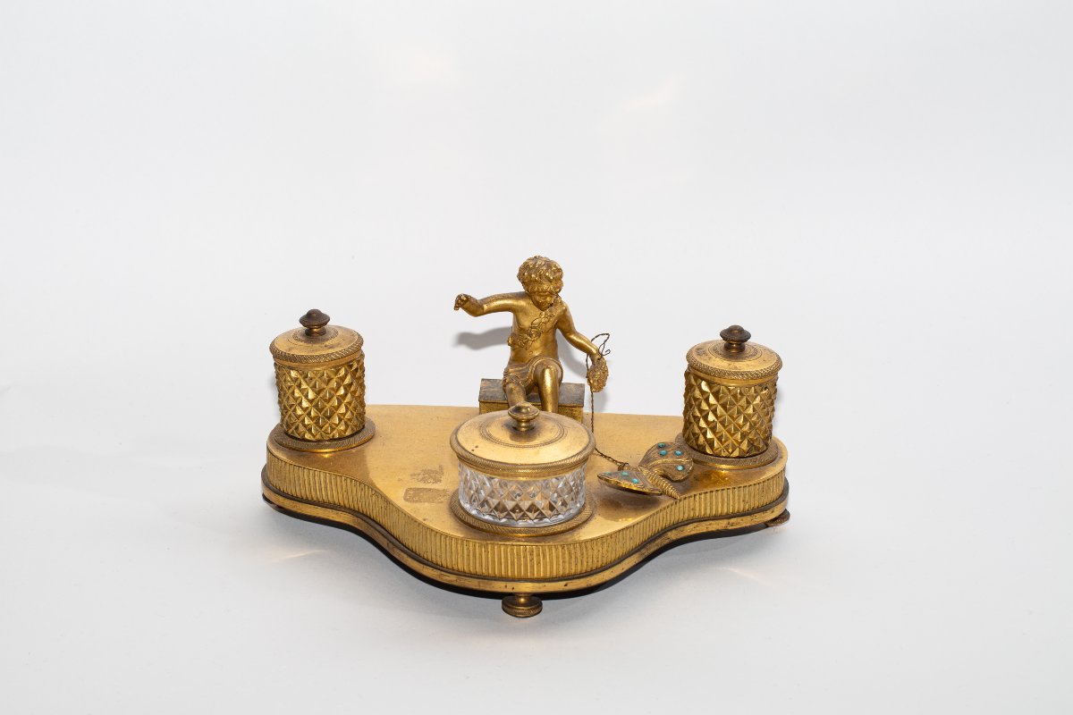 Encrier De Bureau En Bronze Doré-photo-2