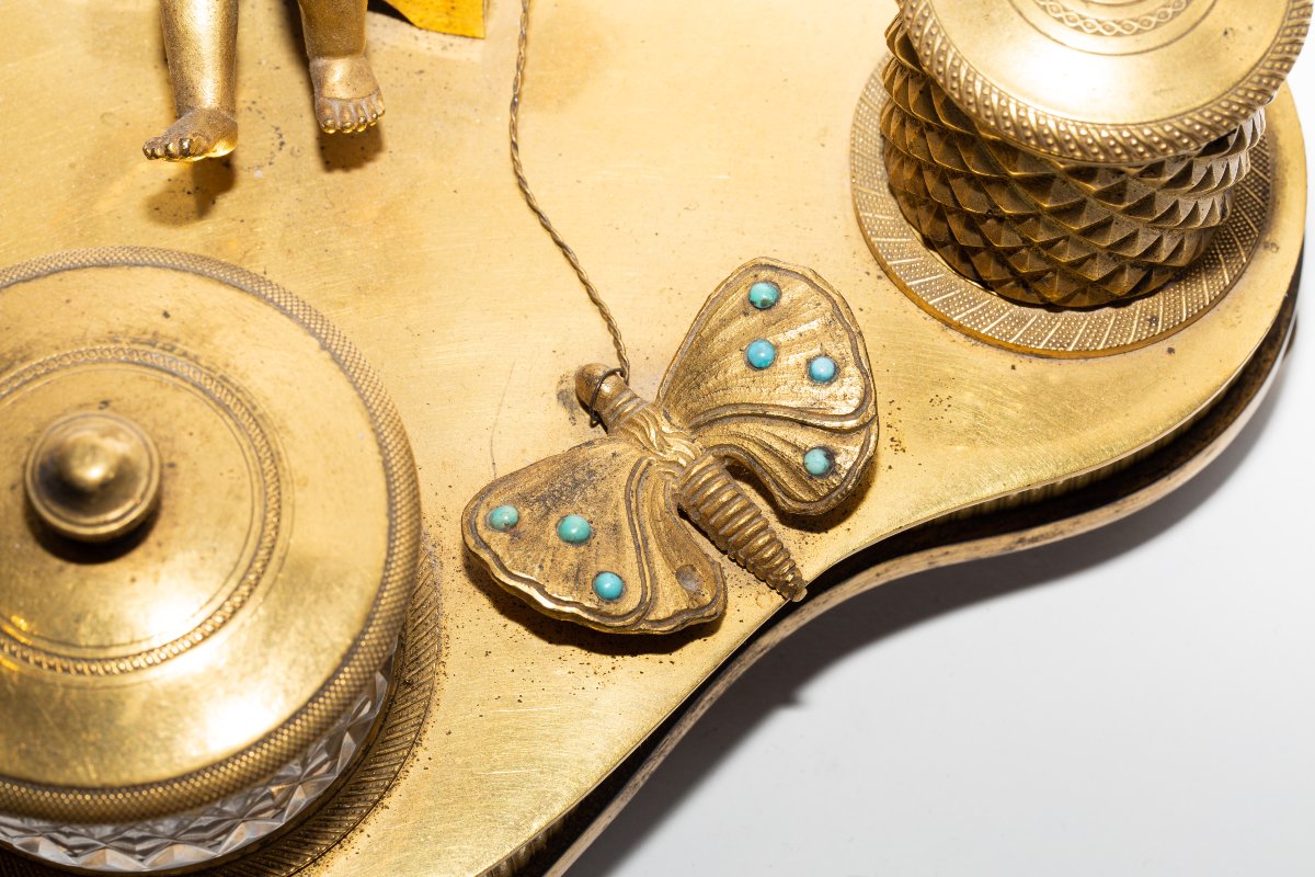 Encrier De Bureau En Bronze Doré-photo-3