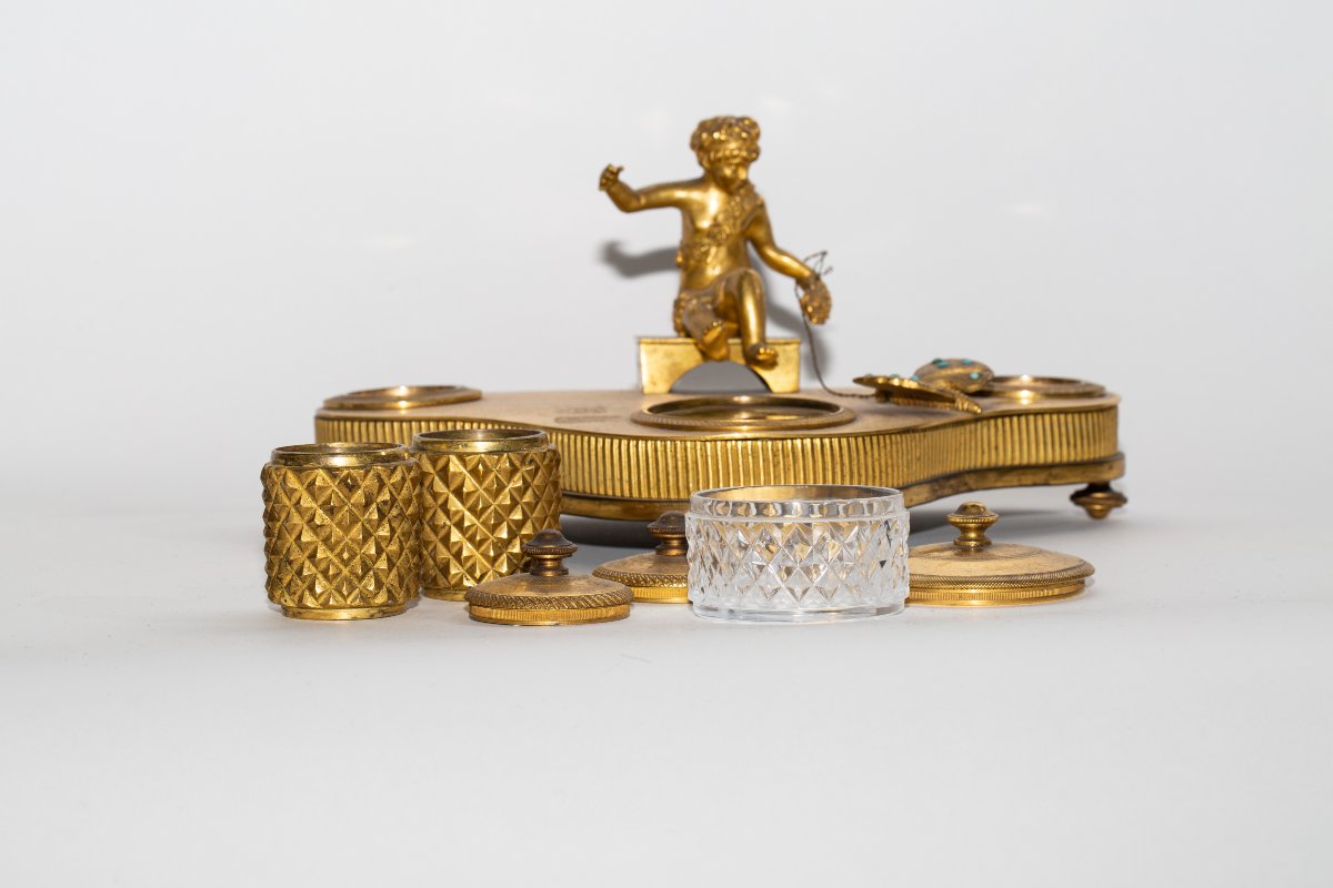 Encrier De Bureau En Bronze Doré-photo-4