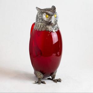 Carafe En Verre Rouge En Forme De Hibou Avec Tête, Cou Et Pieds En Argent