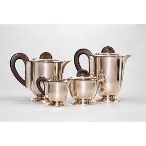 Service À Thé Et À Café Français Art Déco En Argent Et Bois, Composé De 4 Pièces