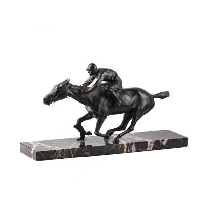 Spelter "Horse Racer" Statue On Black Marble Stand