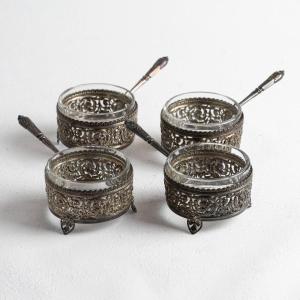 4 Silver And Glass Salt Cellars