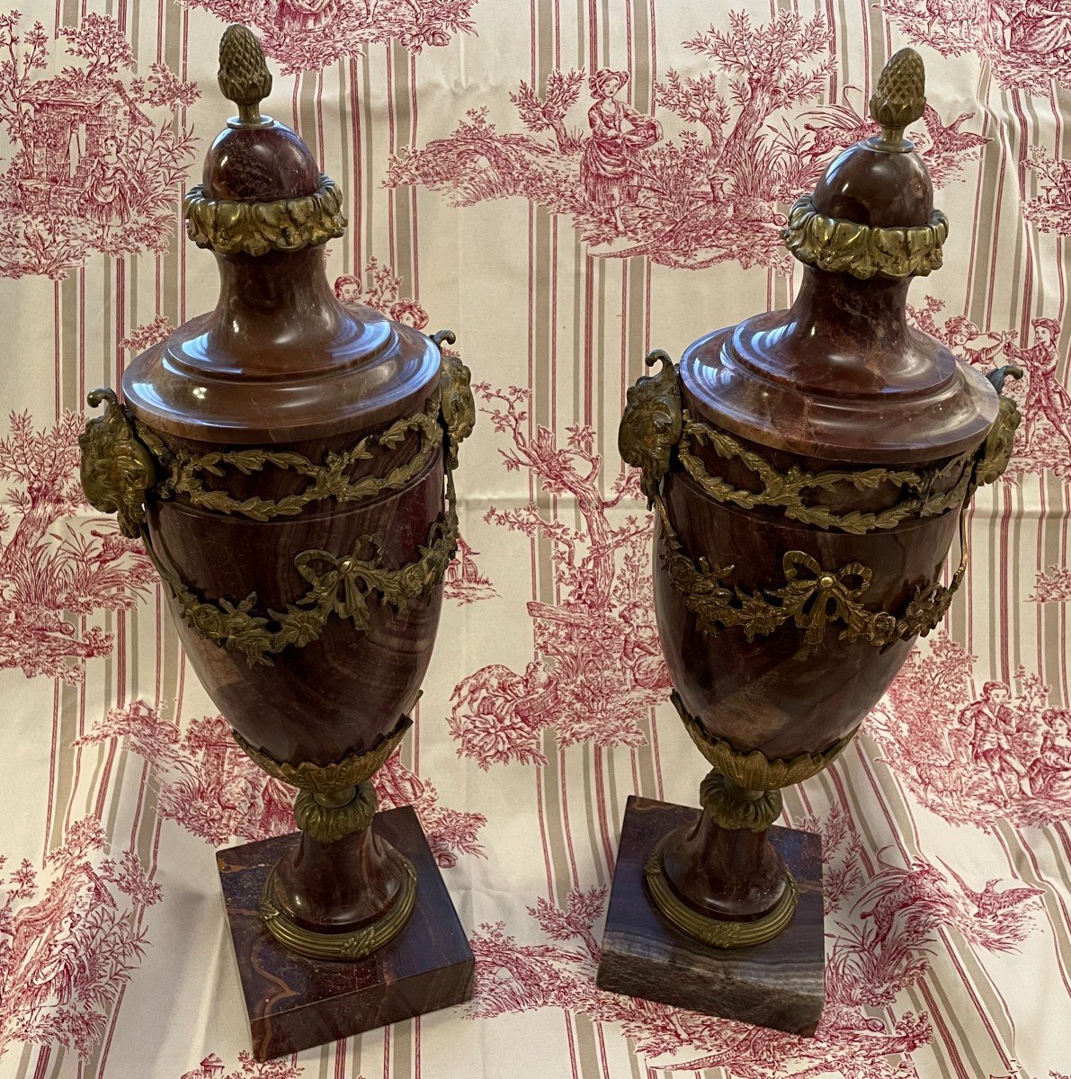 Paire De Cassolettes En Marbre Rouge Veiné Et Bronze Doré Napoléon III-photo-2