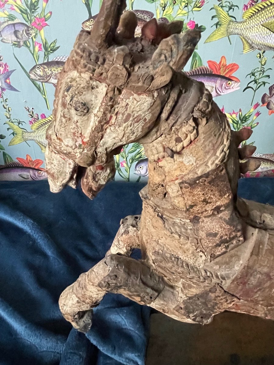 Old Polychrome Carved Wood Horse-photo-6