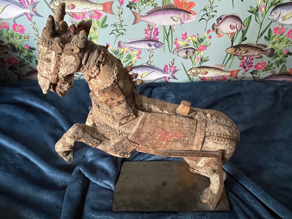 Old Polychrome Carved Wood Horse-photo-7