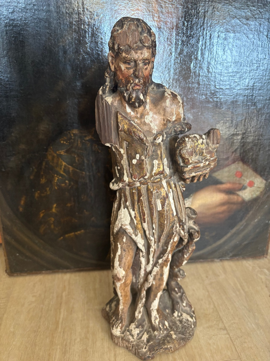 Saint Jean-baptiste Portant l'Agneau En Noyer Sculpté,