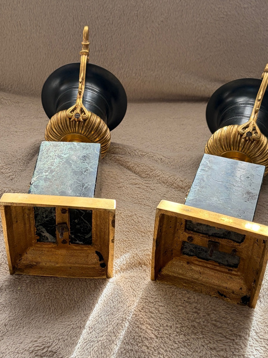 PAIRE D' URNES CASSOLETTES DIRECTOIRE BRONZE DORÉ ET MARBRE-photo-5