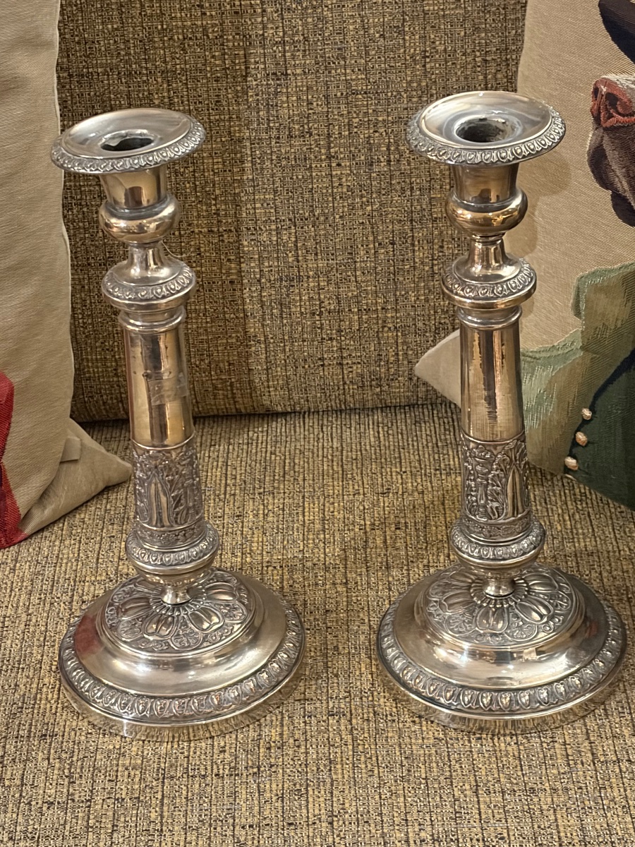 Pair Of Silver-plated Copper Torch Candlesticks, Napoleon III,-photo-1