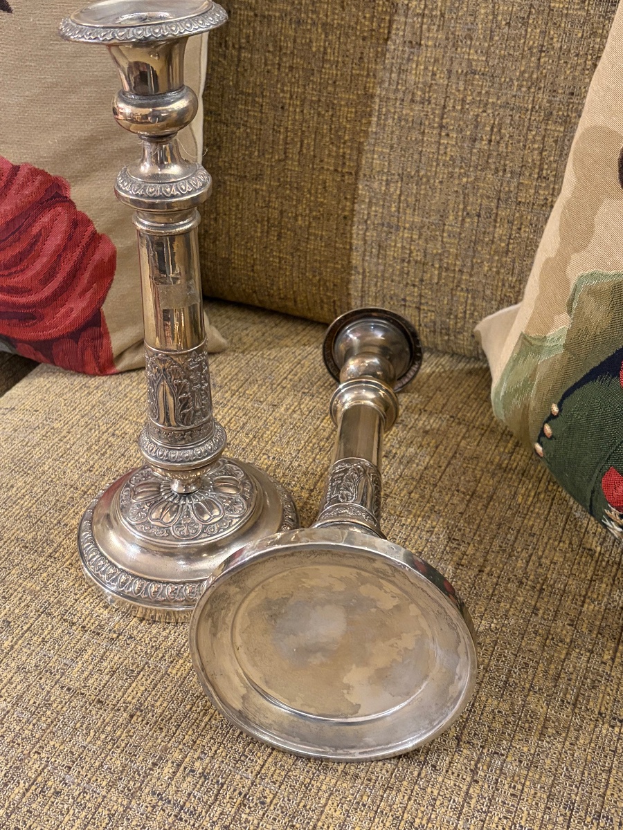 Pair Of Silver-plated Copper Torch Candlesticks, Napoleon III,-photo-6
