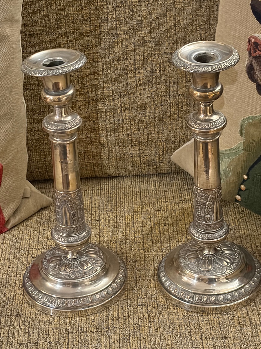 Pair Of Silver-plated Copper Torch Candlesticks, Napoleon III,
