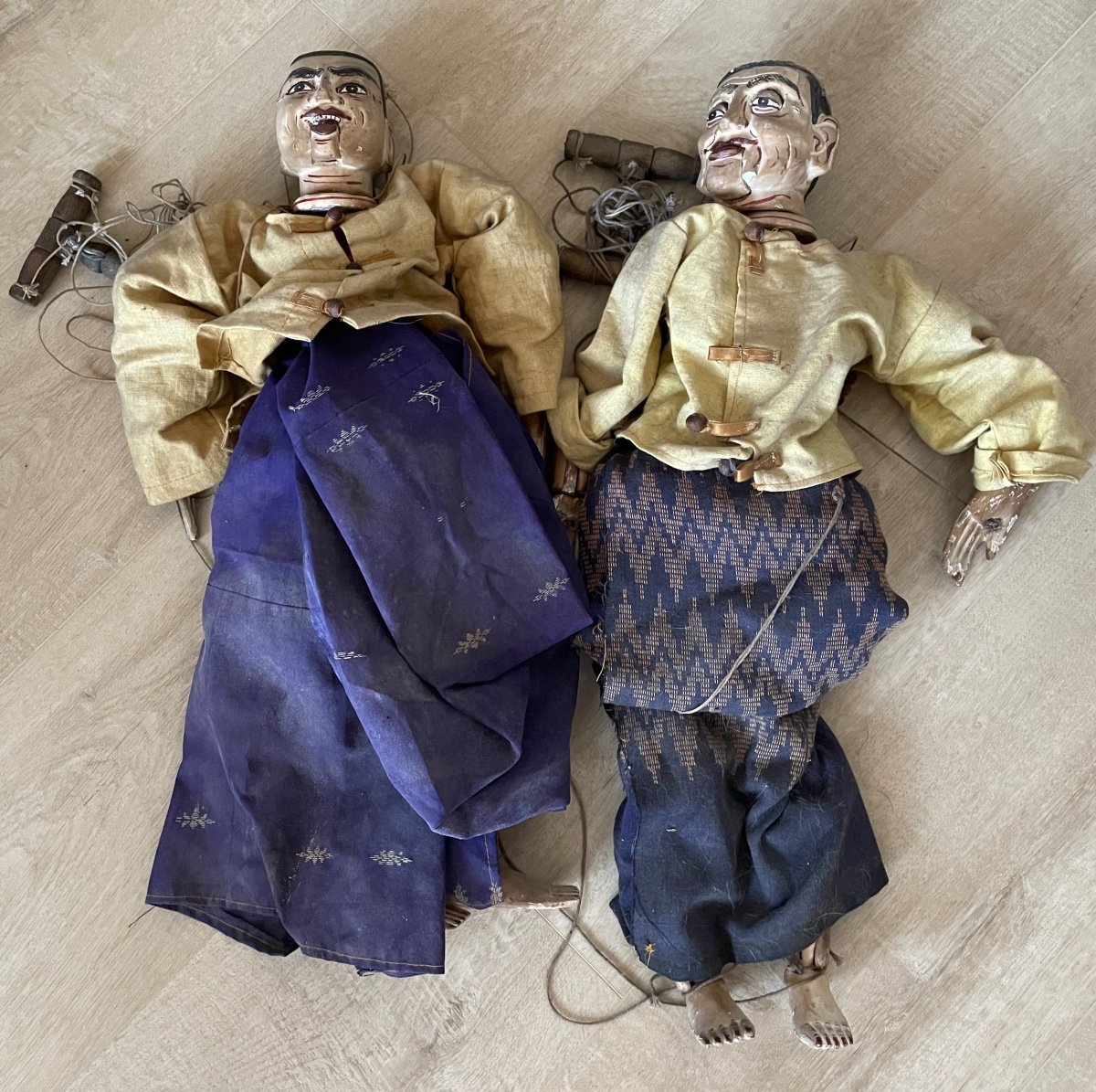Pair Of Polychrome Wood Puppet Articulated Chinese Nineteenth