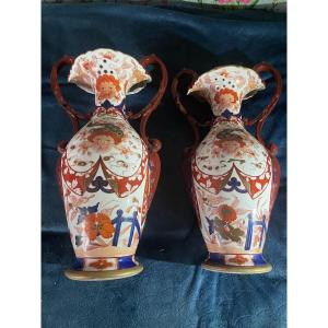 Pair Of Vases In Bayeux Imari Decor Late 19th Century