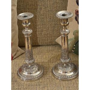 PAIR DE BOUGEOIR FLAMBEAUX EN CUIVRE ARGENTÉ, NAPOLEON III,