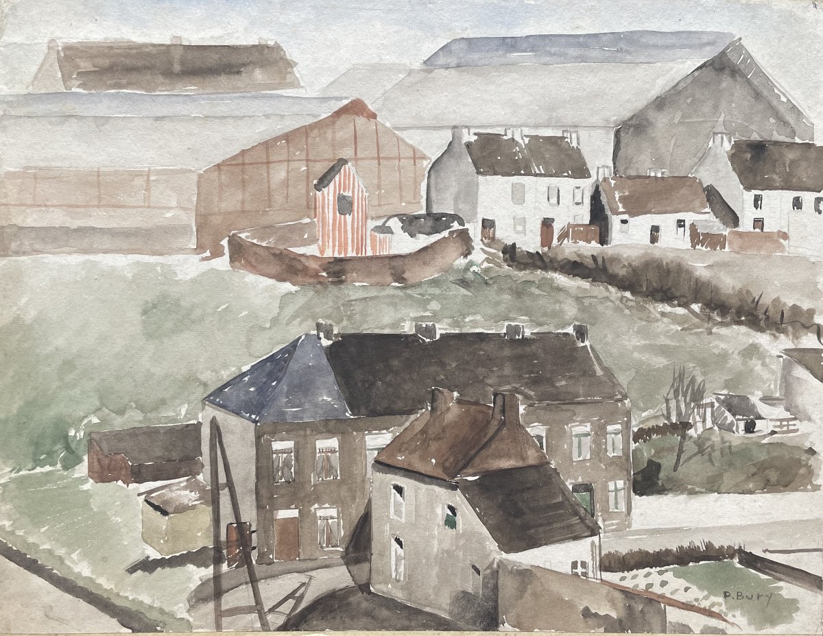 Aquarelle originale signée  Pol Bury vue d un village -photo-2