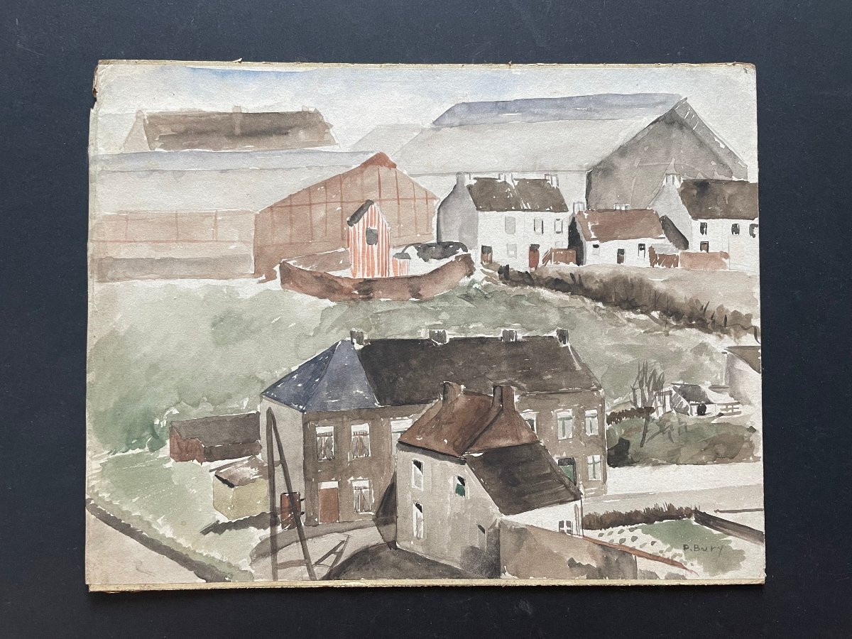 Aquarelle originale signée  Pol Bury vue d un village -photo-1