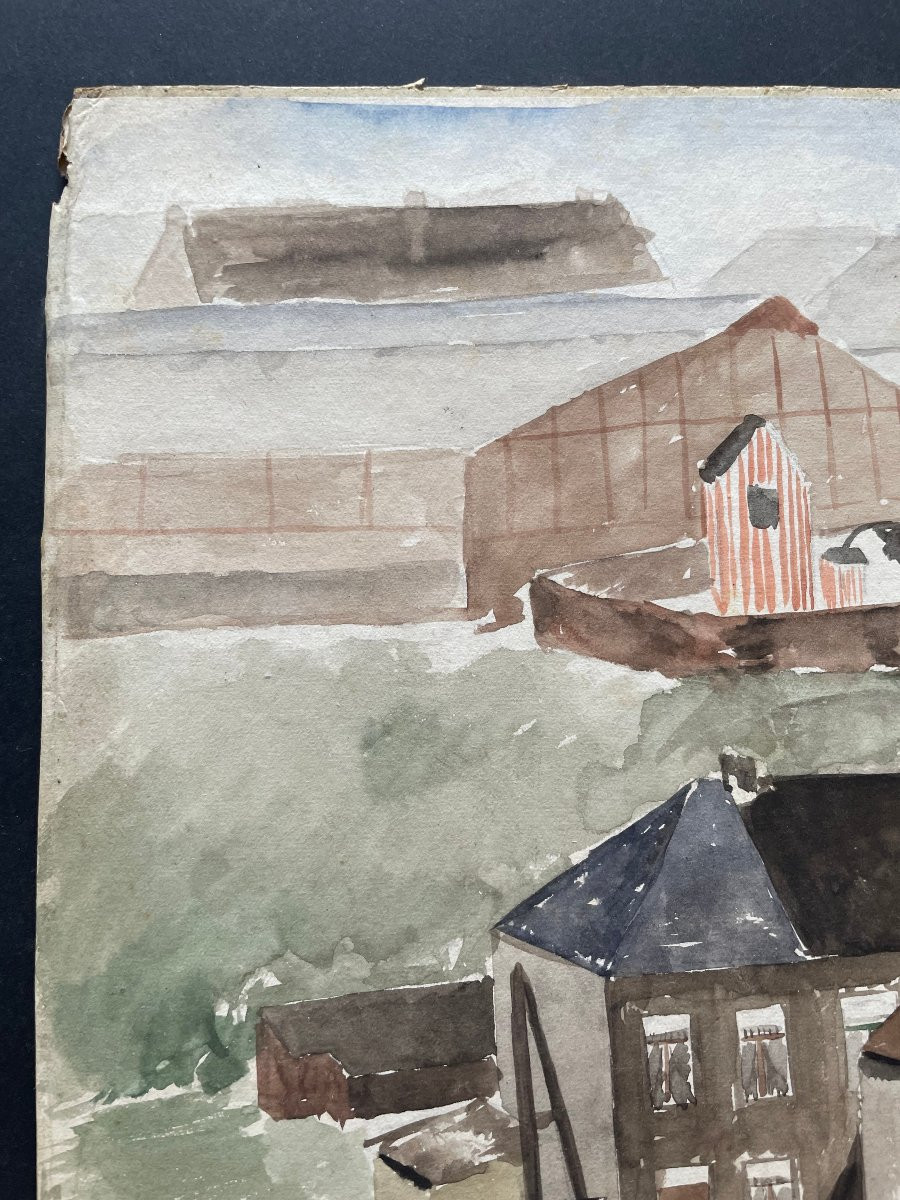 Aquarelle originale signée  Pol Bury vue d un village -photo-4