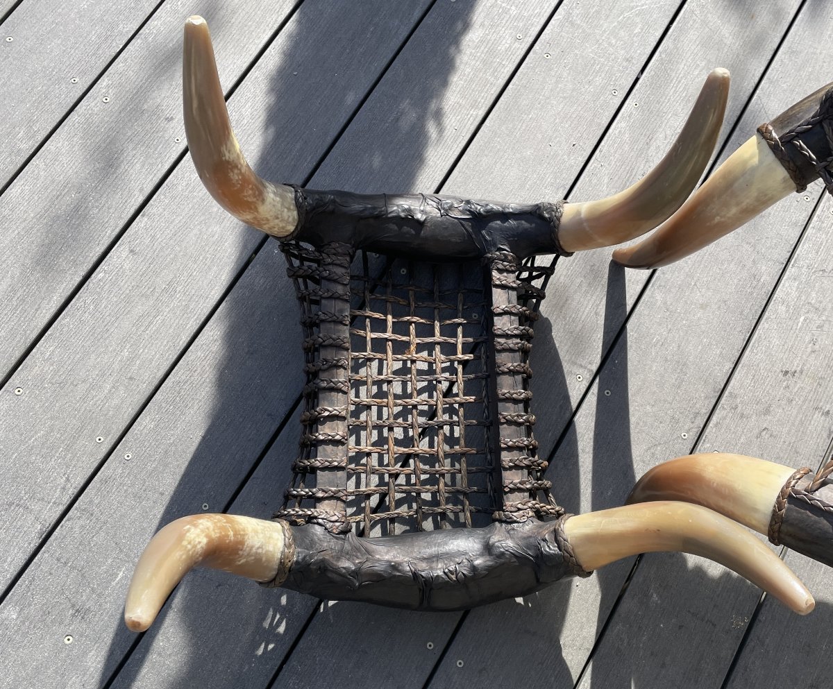 Grand fauteuil vintage en Cornes de buffle et son ottoman-photo-7