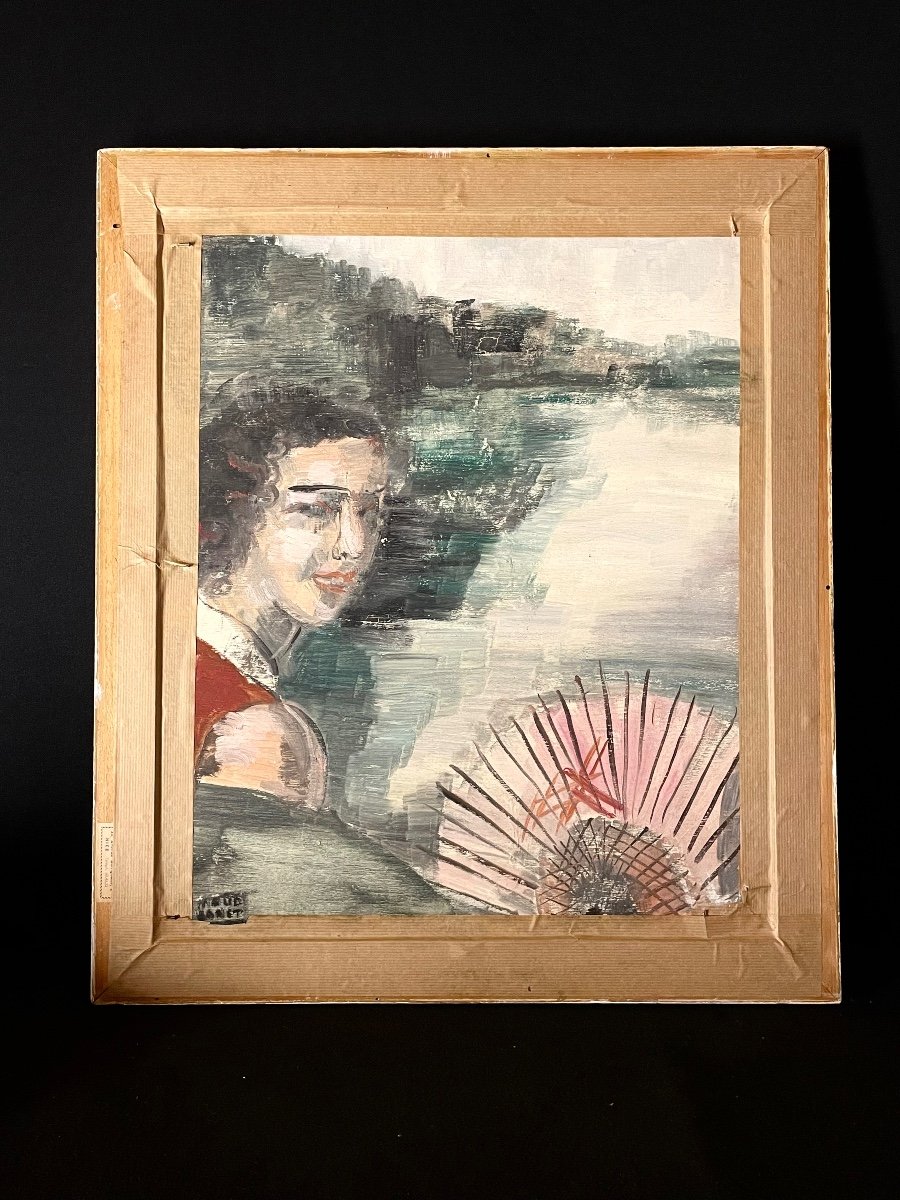 « la Femme Au Petit Chien Noir » Tableau Ancien -photo-5