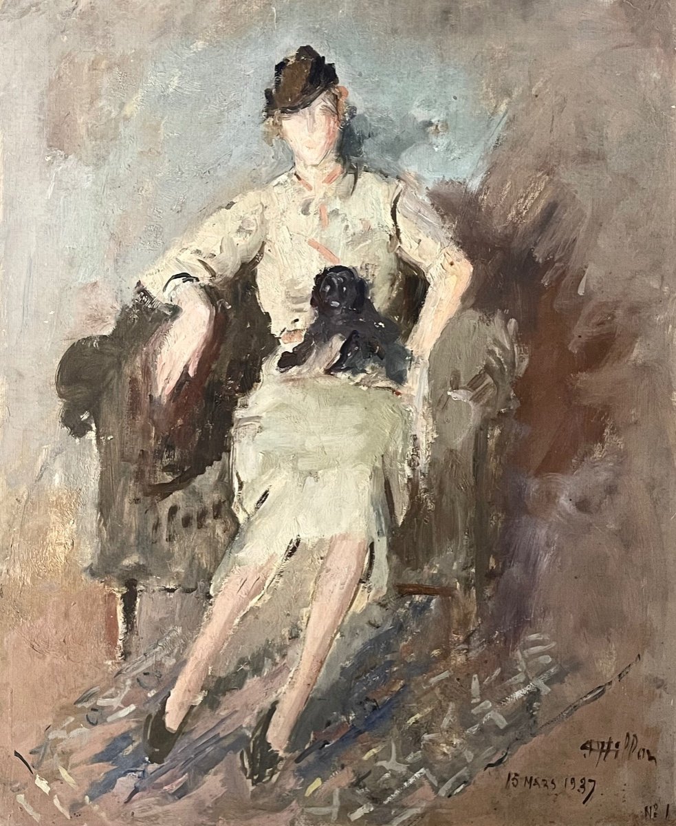 « la Femme Au Petit Chien Noir » Tableau Ancien 