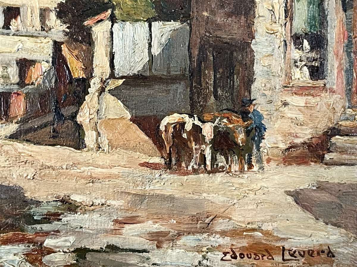 Édouard Leverd Tableau ancien « scène de village »-photo-3