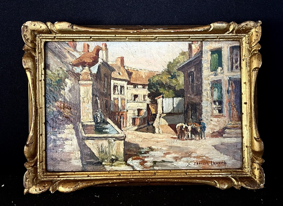 Édouard Leverd Tableau ancien « scène de village »