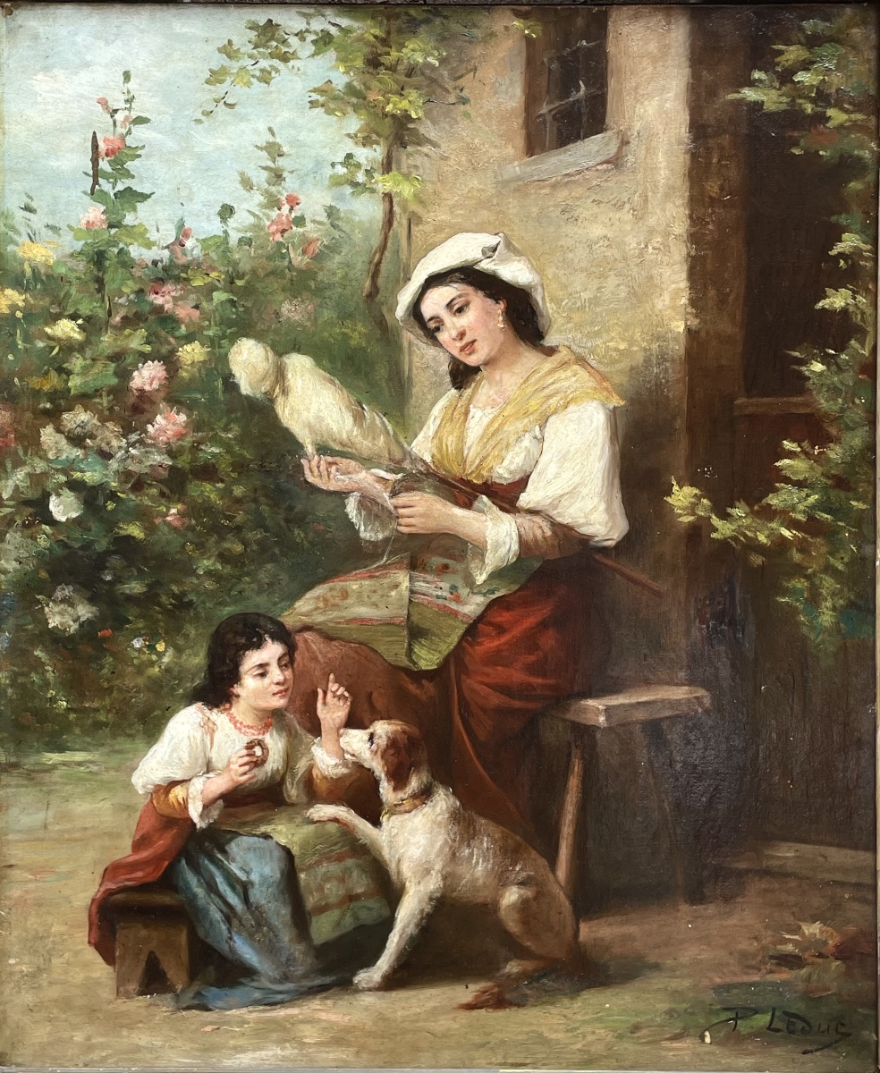 Old Painting, “the Spinner And Her Daughter”-photo-2