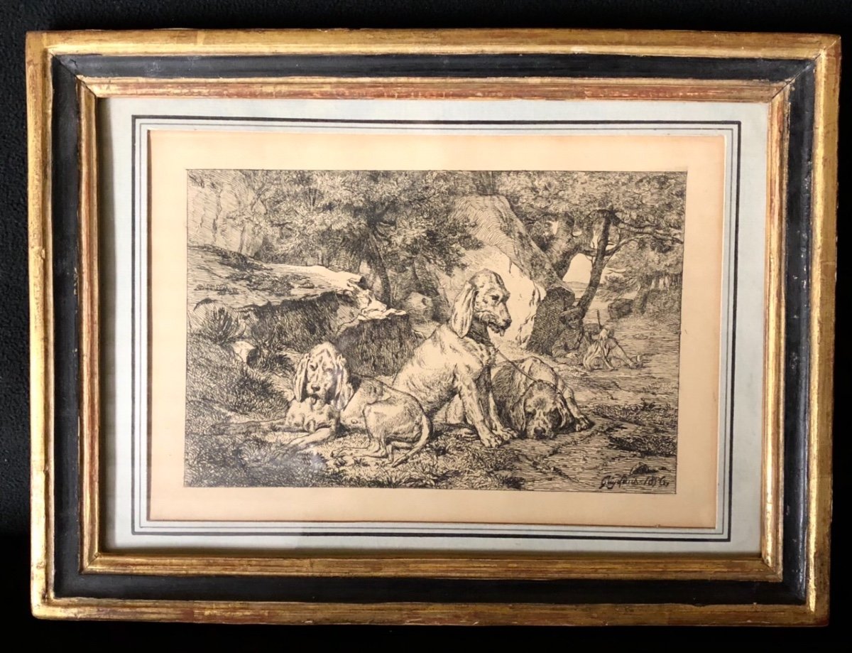 Gravure Ancienne « le Repos du chasseur »par Louis Guy-photo-2