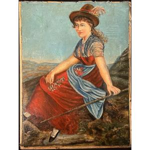 Tableau Ancien « jeune Femme Sur Un Rocher »