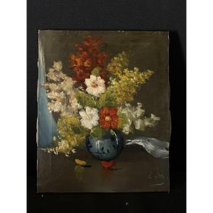 Bouquet De Fleurs, Tableau Ancien 