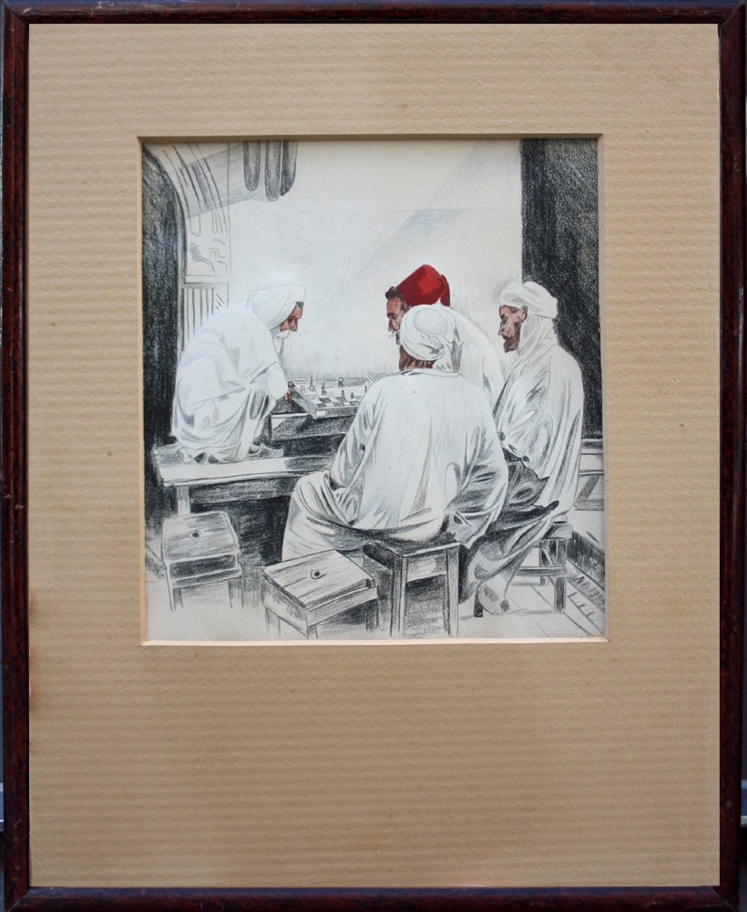 Orientaux jouant aux échecs, dessin d'un artiste tchèque vers 1930-photo-2