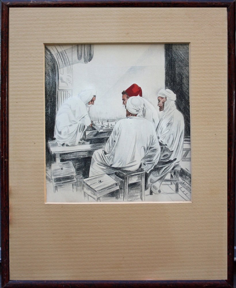 Orientaux jouant aux échecs, dessin d'un artiste tchèque vers 1930-photo-2