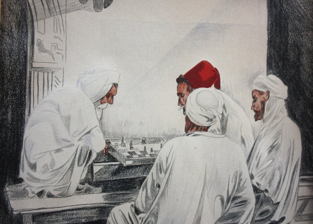 Orientaux jouant aux échecs, dessin d'un artiste tchèque vers 1930-photo-3