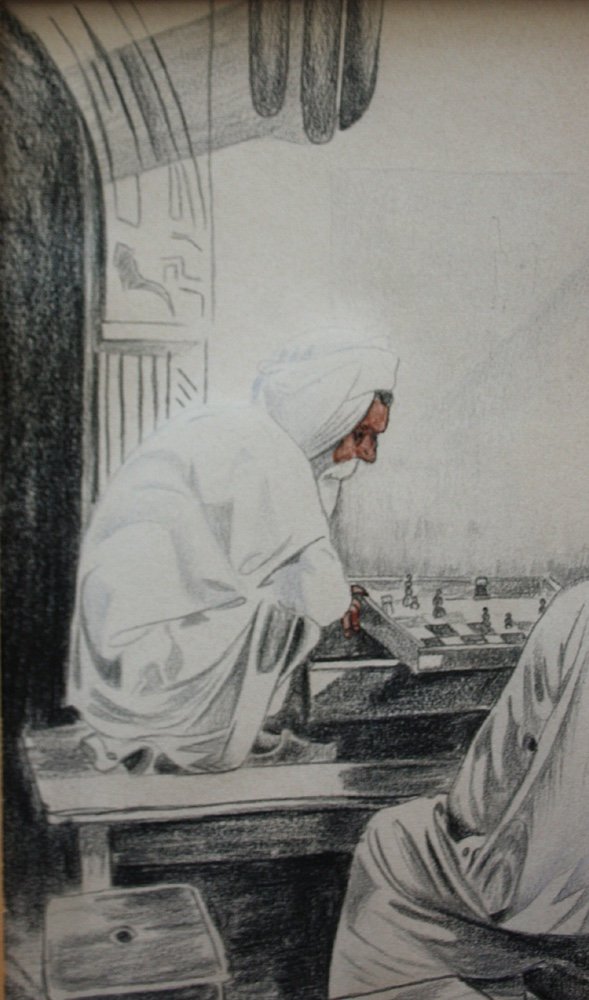 Orientaux jouant aux échecs, dessin d'un artiste tchèque vers 1930-photo-4