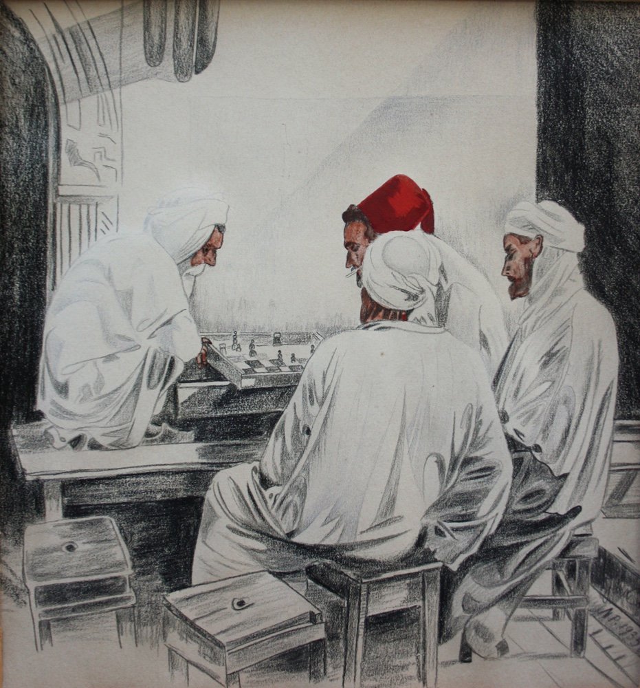 Orientaux jouant aux échecs, dessin d'un artiste tchèque vers 1930