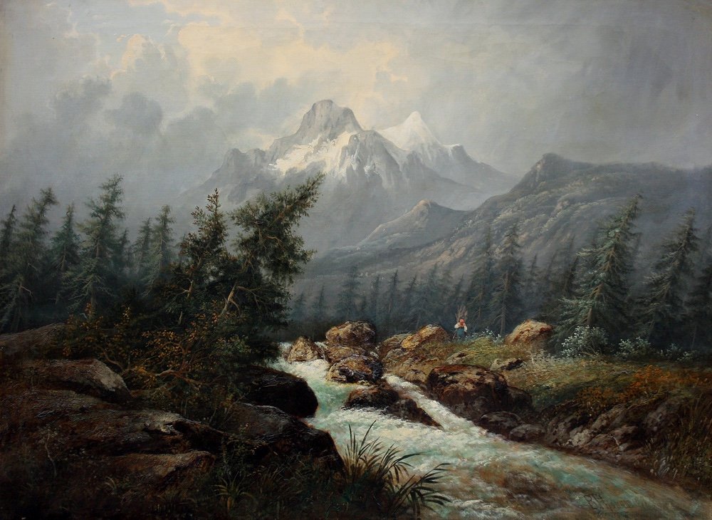 Great Landscape With Waterfall And Swiss Mount Wetterhorn By B.thomann, Dated 1877-photo-2