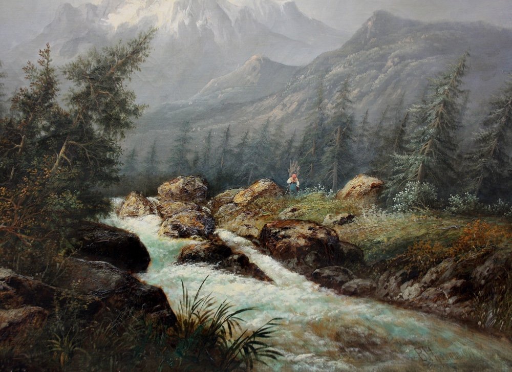 Great Landscape With Waterfall And Swiss Mount Wetterhorn By B.thomann, Dated 1877-photo-3