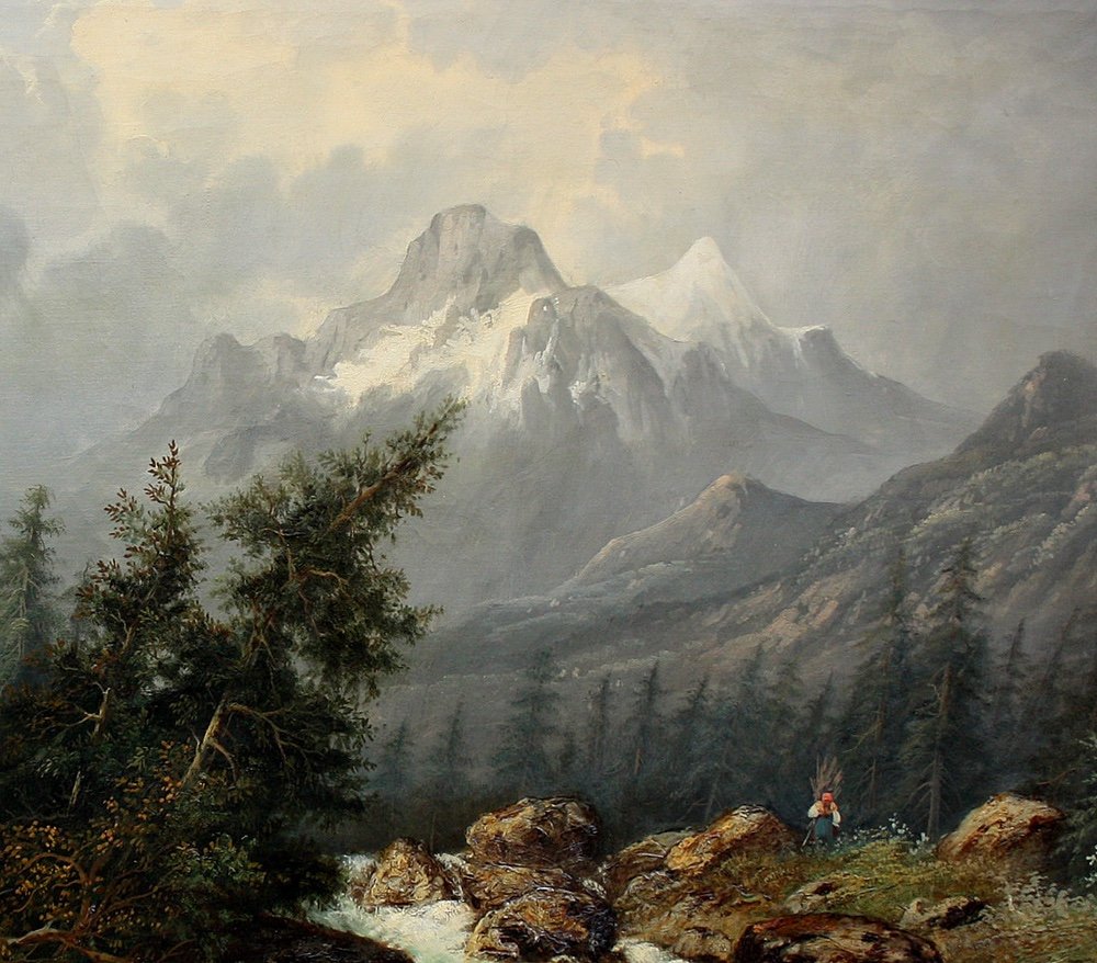 Great Landscape With Waterfall And Swiss Mount Wetterhorn By B.thomann, Dated 1877-photo-1